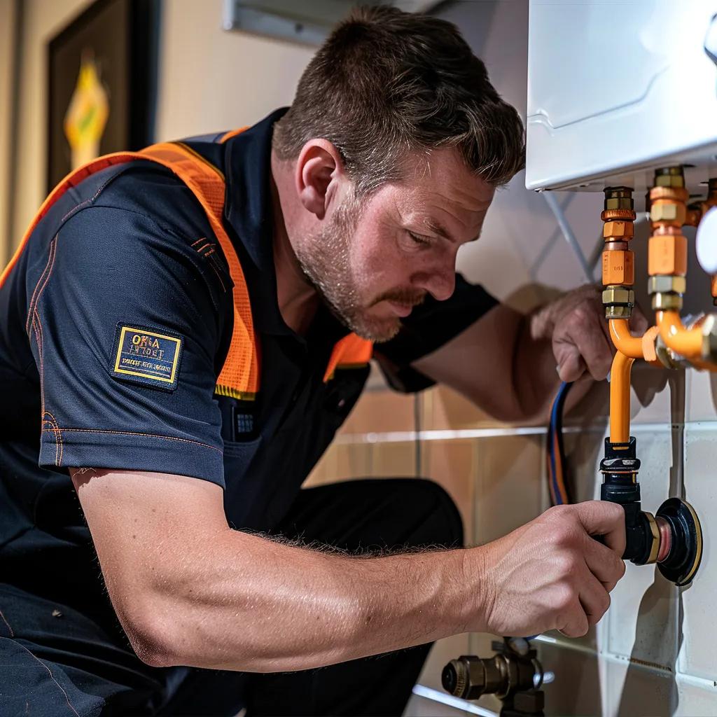 Licensed plumber using a gas leak detection tool in a home, emphasizing the importance of safety in gas fitting