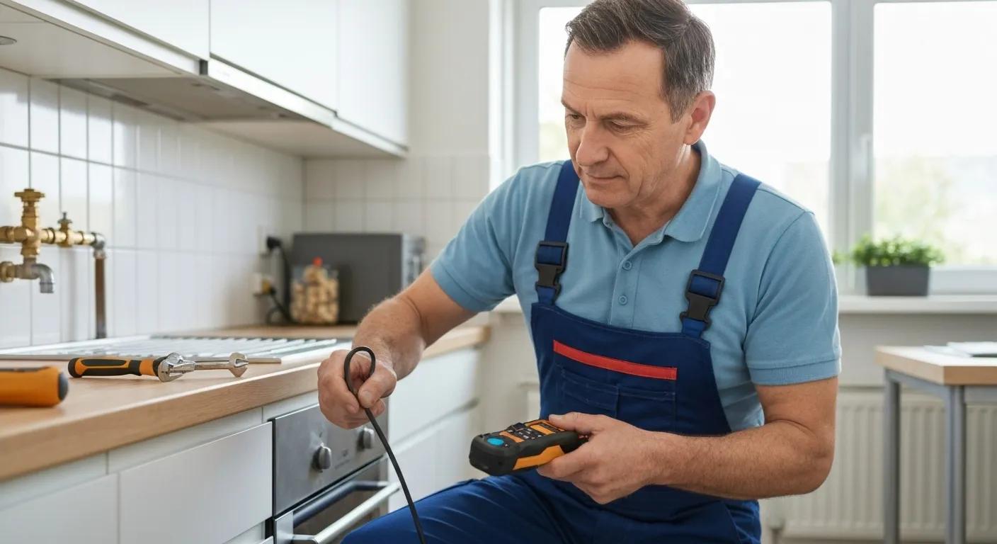 Gas fitter using a gas detector to locate leaks in a residential setting, highlighting safety in emergency plumbing