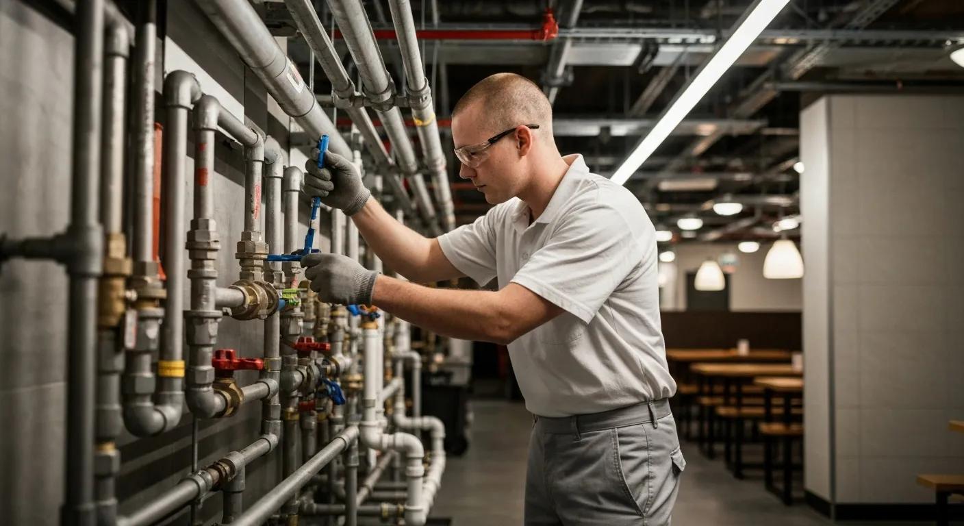 Technician performing preventative maintenance on commercial plumbing systems to ensure operational stability