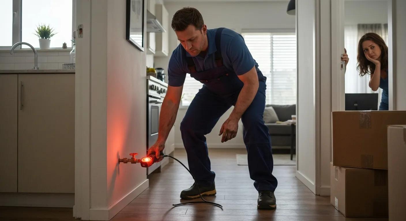 Plumber using a gas detector during a gas leak emergency in a home