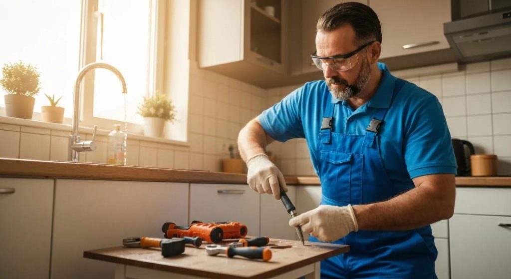 Professional plumber repairing a burst pipe in a residential home, highlighting emergency plumbing services