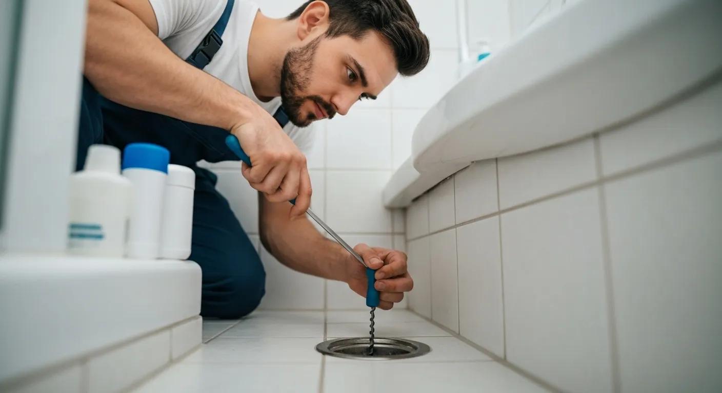 Plumber inspecting a blocked drain with a high-resolution camera
