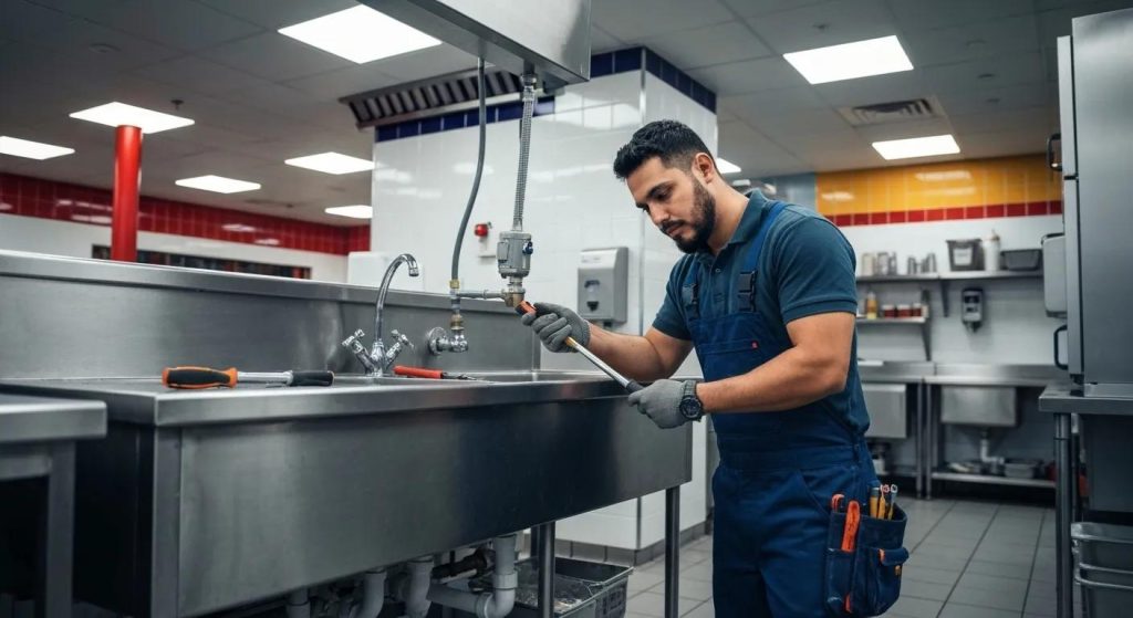 Professional plumber tackling urgent plumbing issues in a commercial setting