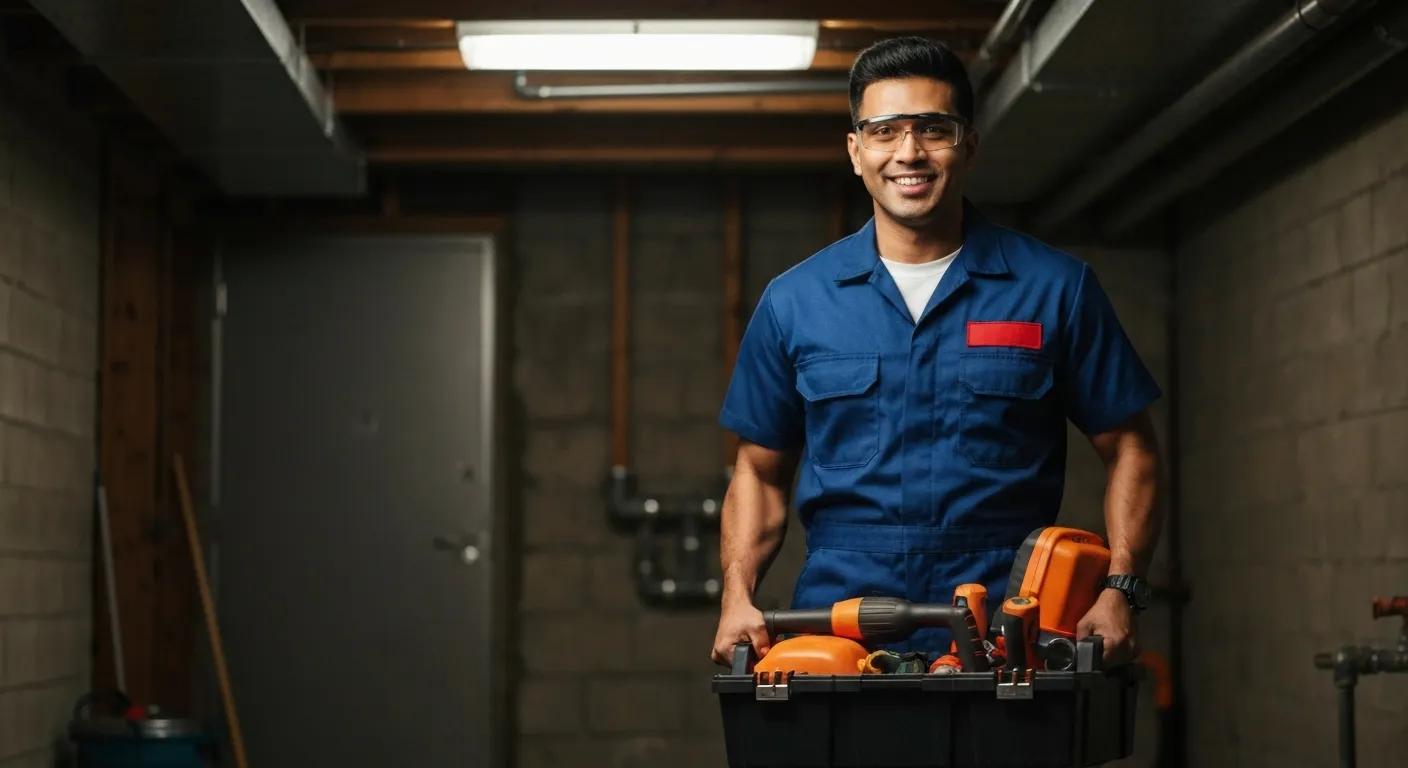 Plumber arriving promptly to an emergency call, equipped with tools, ready for urgent plumbing tasks