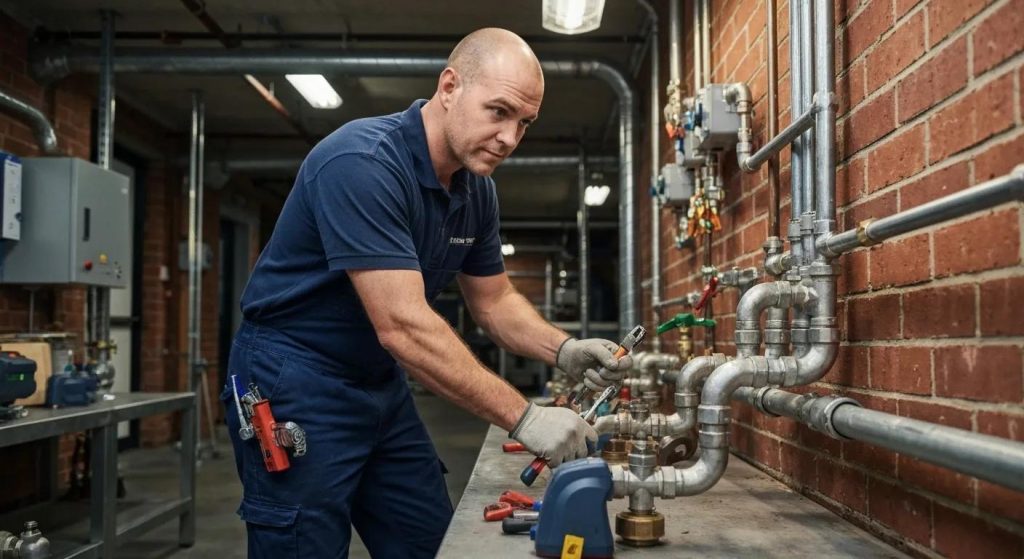 Professional plumber using advanced tools in a commercial plumbing setting in Sydney