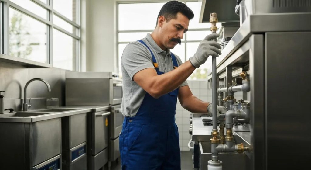 Emergency plumber working on a plumbing issue in a commercial setting