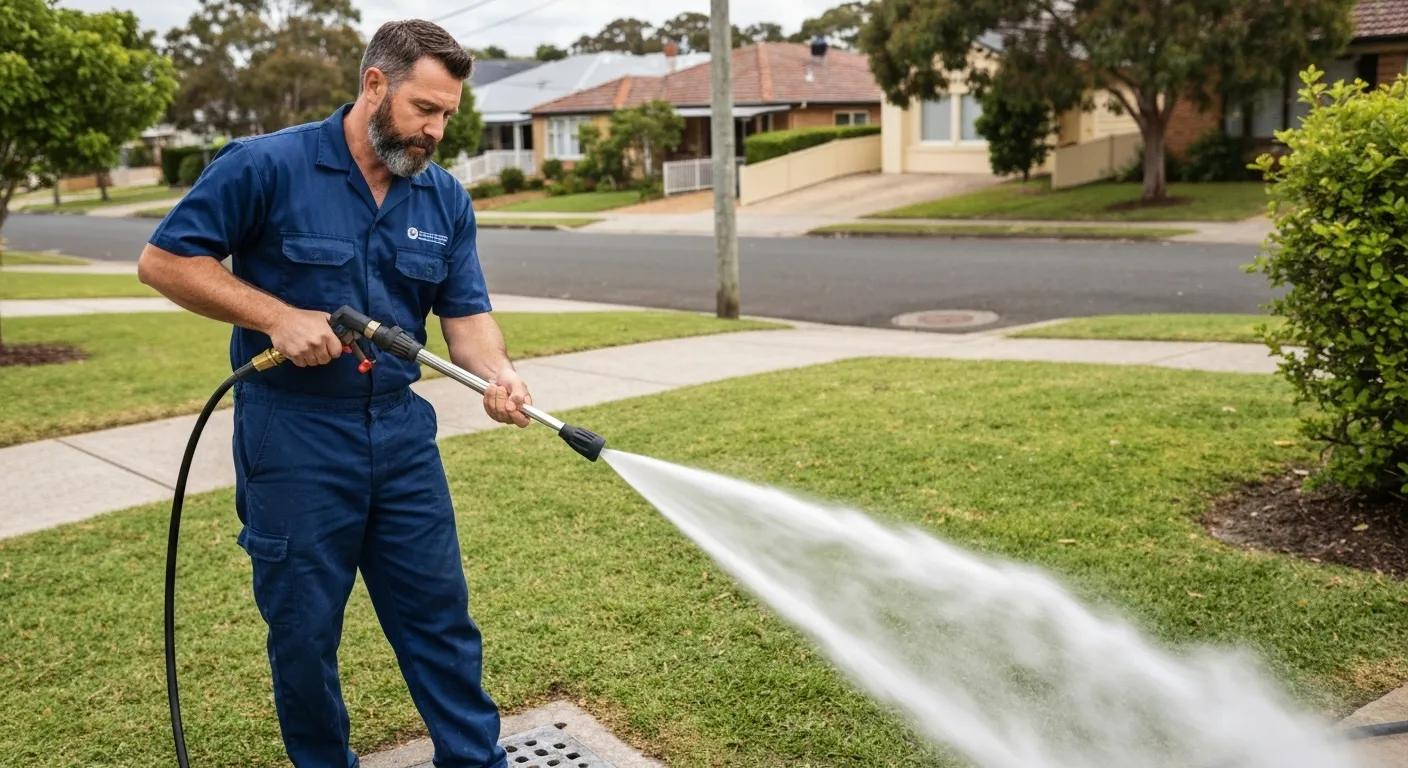Plumber using high-pressure water jet for blocked drain emergency service in Sydney
