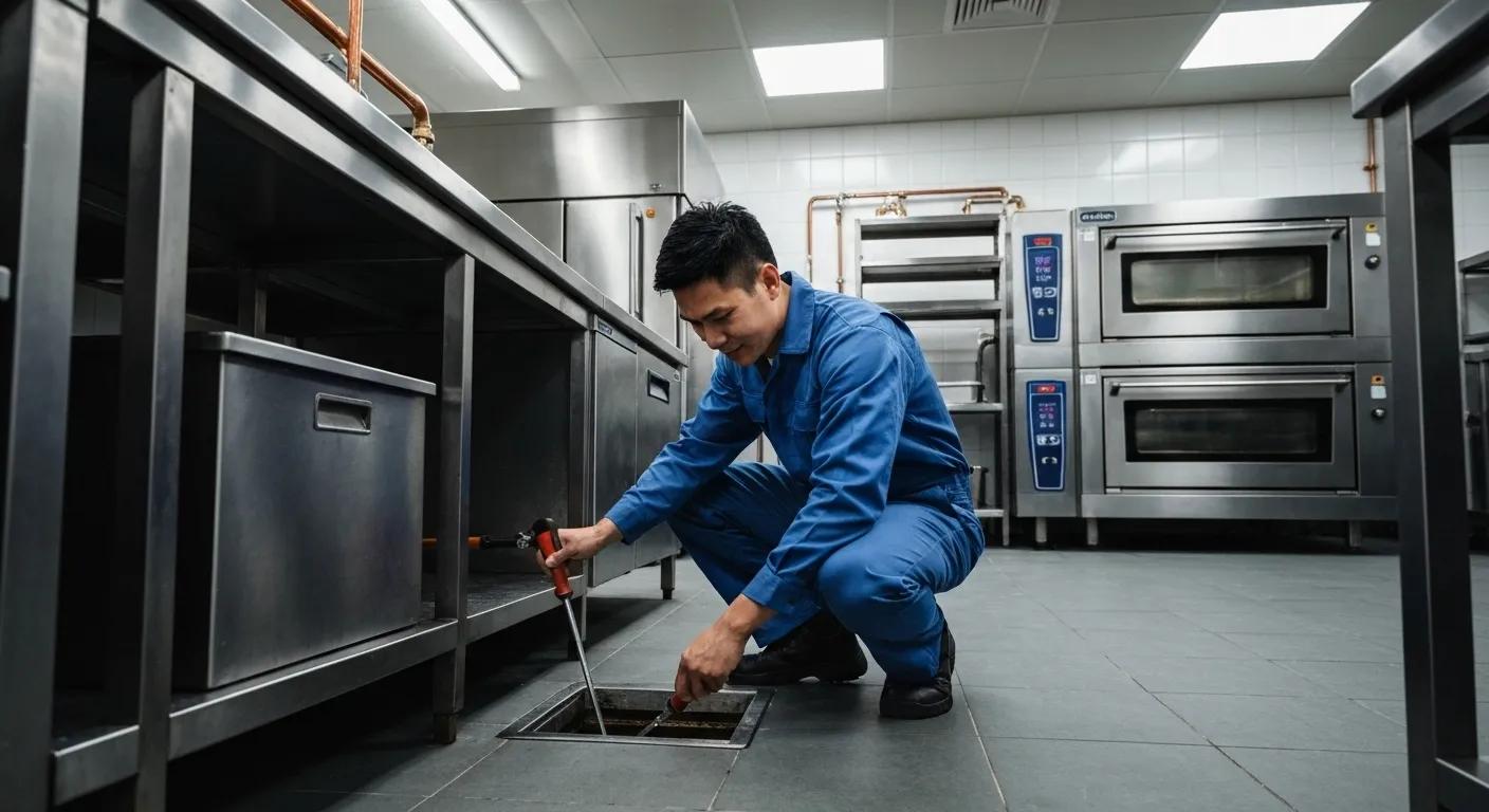 Blocked drain in a commercial kitchen with a plumber inspecting the issue