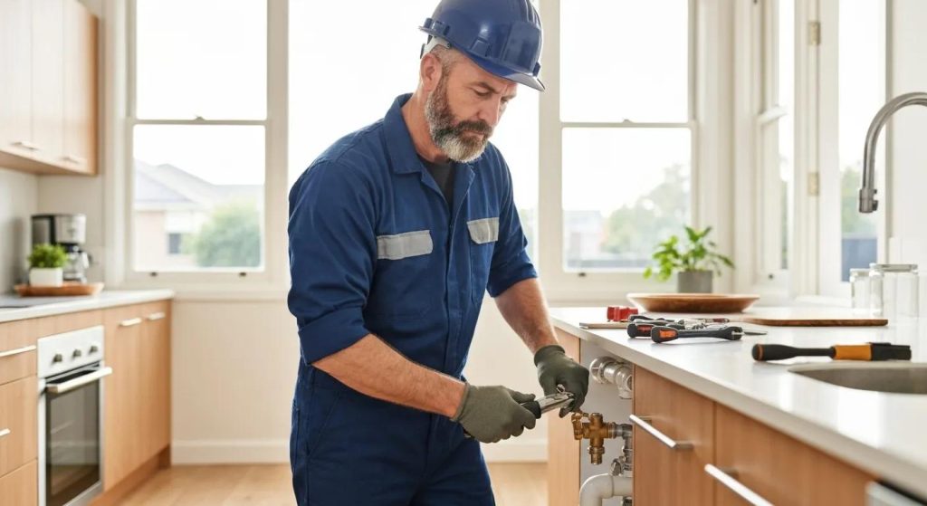 Emergency plumber fixing a burst pipe in a Sydney home, showcasing urgent plumbing solutions