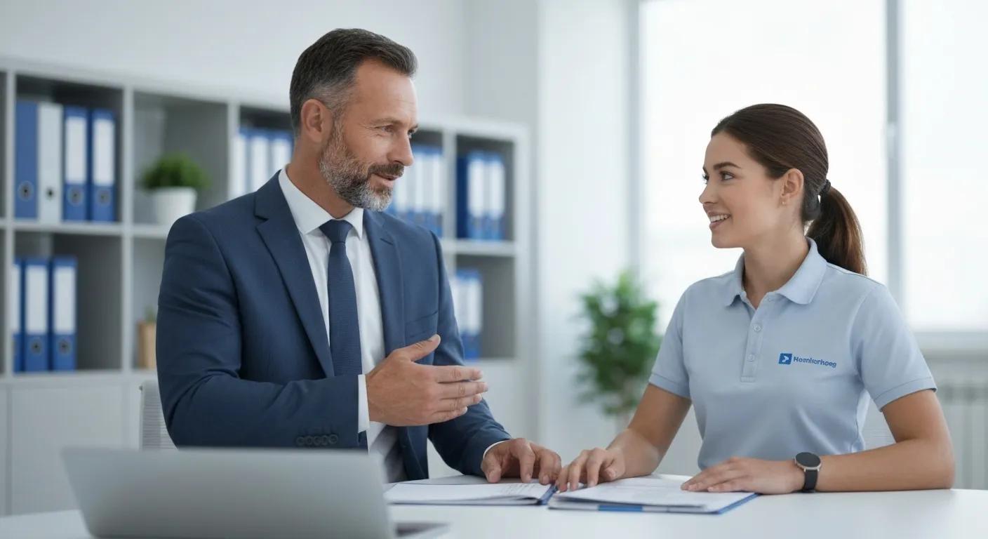 Business manager discussing plumbing maintenance contract benefits with a service representative