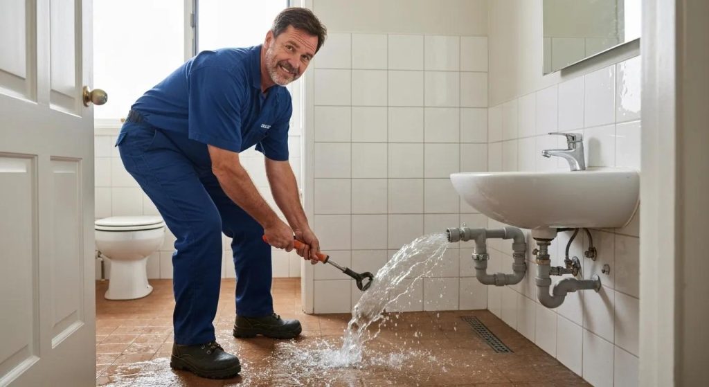 Professional plumber addressing a burst pipe emergency in a residential setting, showcasing urgent plumbing services in Sydney