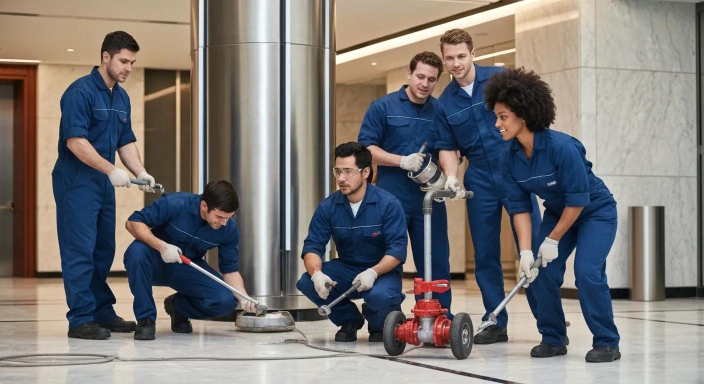 Team of licensed plumbers responding to an emergency plumbing situation in a commercial building