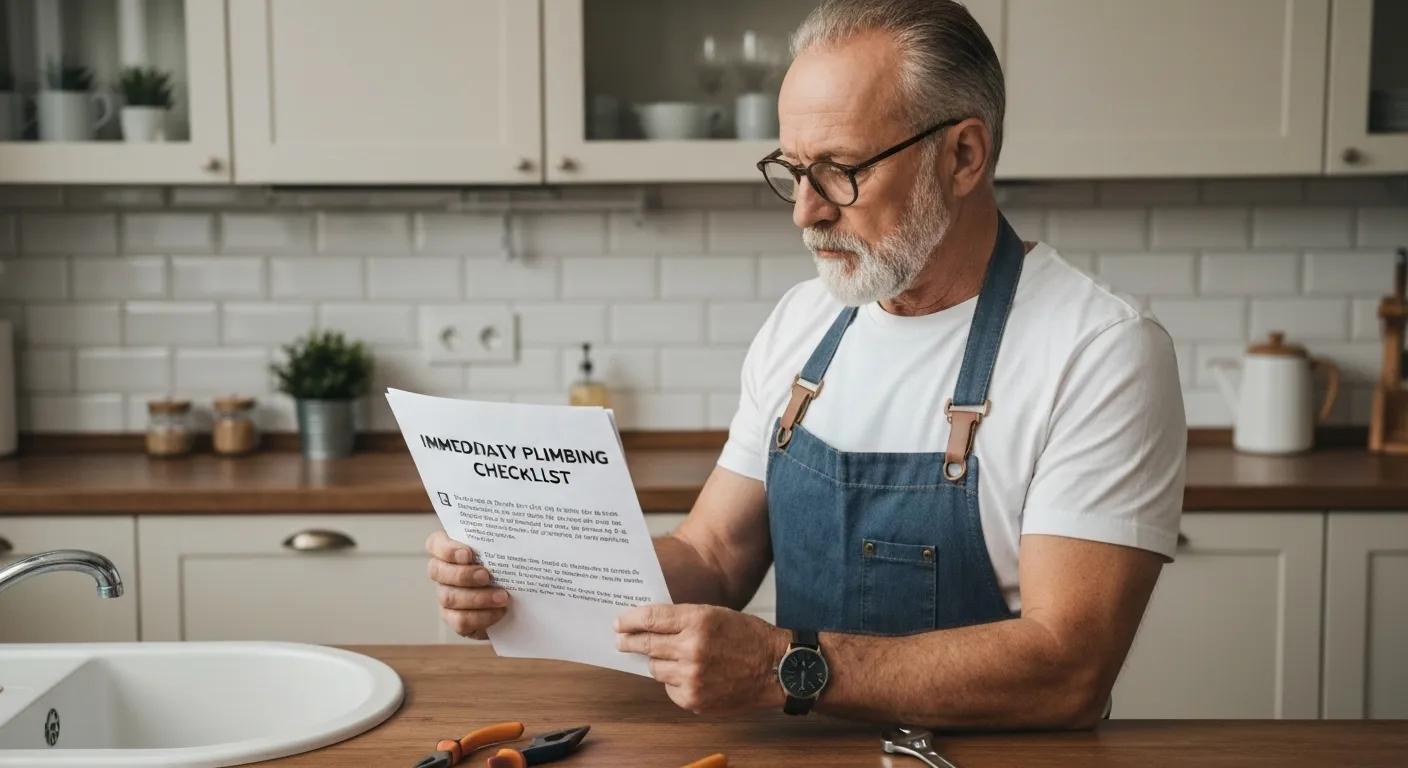 Person preparing for a plumbing emergency by following a checklist, showcasing immediate actions to take in a home setting