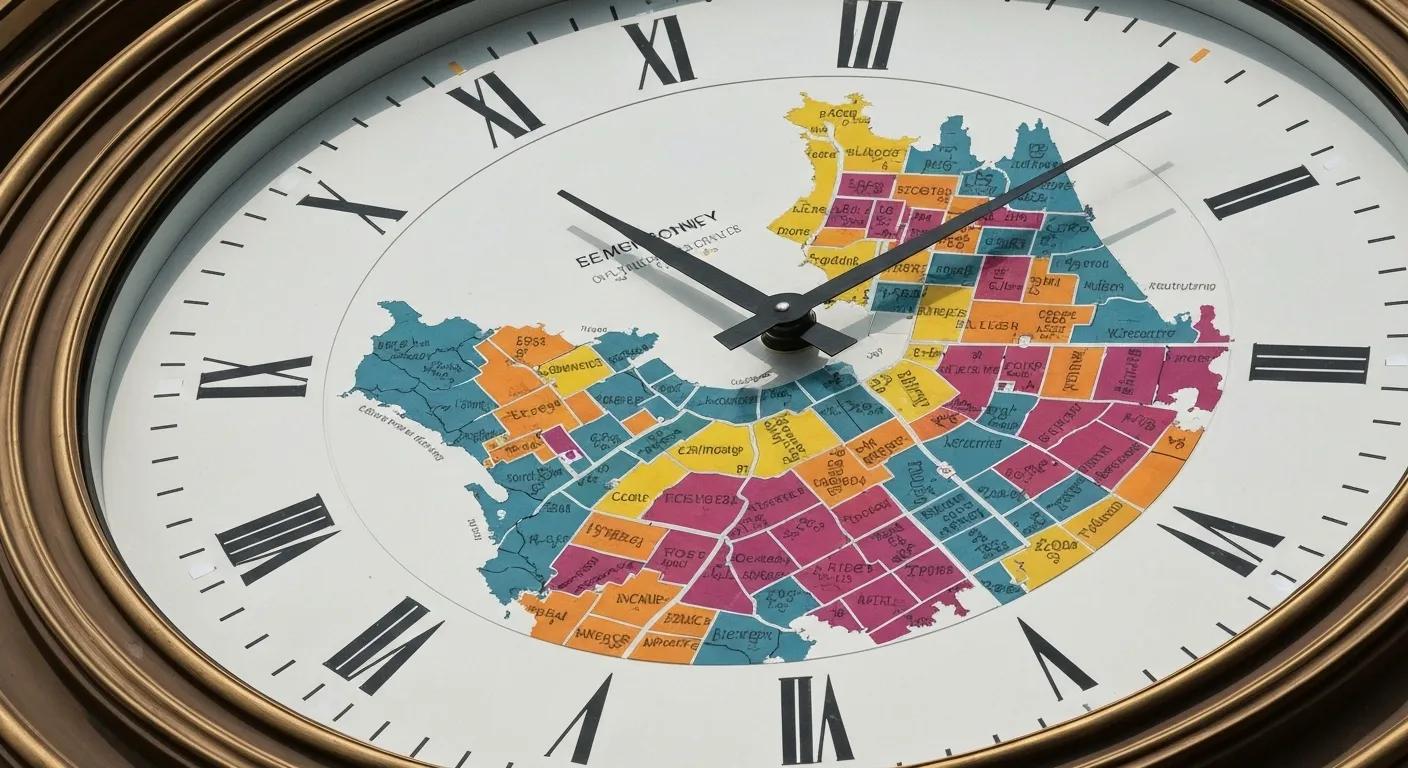 Clock symbolizing urgent response times for emergency plumbing services in Sydney, with a map highlighting local suburbs