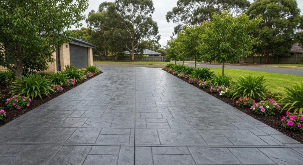 Newly installed concrete driveway in Clyde North with decorative finish and landscaping