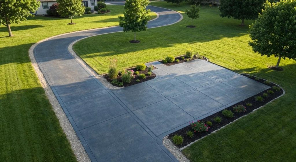 Durable concrete patio and driveway in a residential area, highlighting aesthetic appeal and longevity