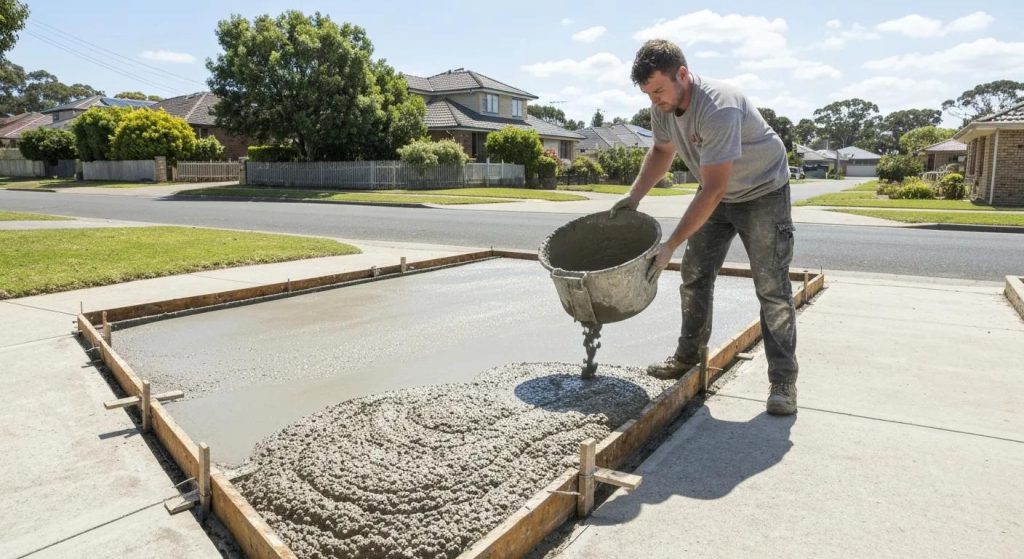 Professional concreter pouring concrete on a driveway in Berwick, highlighting the importance of skilled workmanship