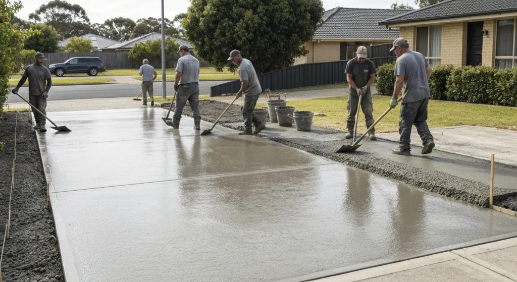 Concrete contractors pouring a driveway in Narre Warren, showcasing teamwork and quality workmanship