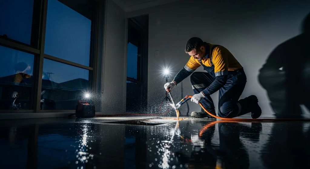 A dramatic, ultra-realistic wide-screen night-time scene showing an emergency plumber responding to a burst pipe inside an Arncliffe home. Reflections from wet floors glisten under bright LED work lights. The plumber kneels beside an exposed section of pipework, water spraying as they grip tools with focused urgency. Shadows cast across the room create a cinematic contrast, with subtle hints of suburban Arncliffe homes visible through a rain-speckled window. The mood is tense yet controlled, capturing the fast, skilled response of an emergency plumbing call-out.