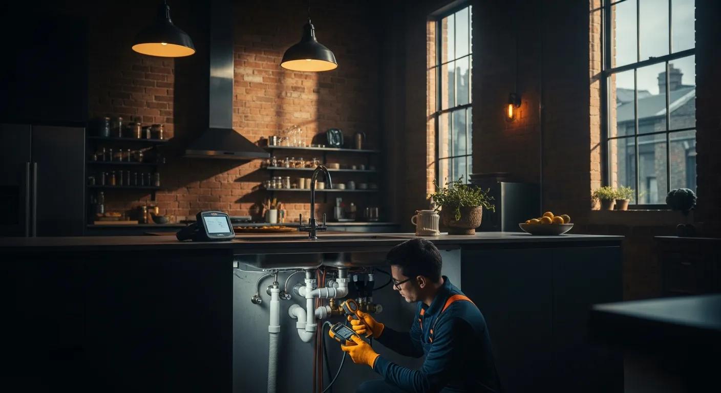 An ultra-realistic wide-screen image capturing a skilled plumber working inside a Marrickville-style converted warehouse home. Exposed brick walls, industrial lighting, and modern fixtures set the scene. The plumber stands beside a complex network of pipes beneath a kitchen sink, using advanced diagnostic tools. Warm natural light filters through high windows, creating dramatic highlights and shadows. The atmosphere blends Marrickville’s urban character with expert craftsmanship, showcasing precision, reliability, and modern plumbing work.