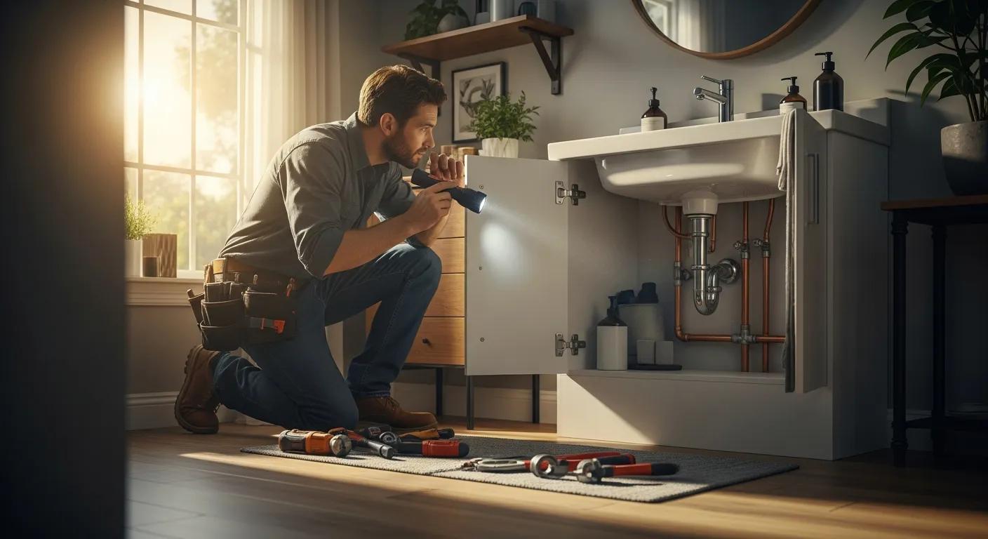 A dramatic, ultra-realistic wide-screen scene of a professional plumber working inside a well-maintained Earlwood home. Early morning sunlight filters through a window, illuminating tools, copper pipes, and a modern plumbing setup. The plumber is kneeling beside a sink cabinet, carefully inspecting pipework with a torch. Subtle reflections, soft shadows, and natural interior lighting enhance the scene. The environment feels authentically Australian, warm, and lived-in, with a sense of calm professionalism and reliability.