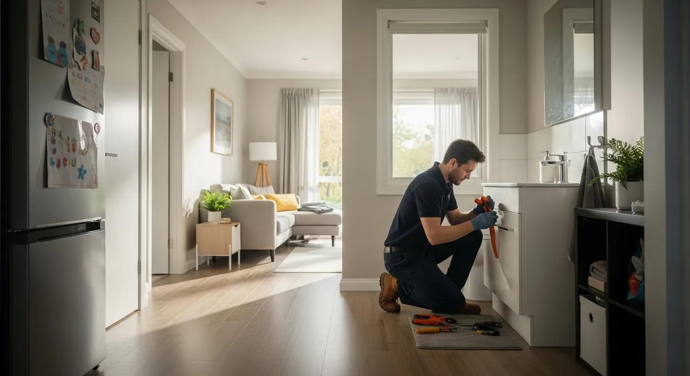 A cinematic, ultra-realistic wide-screen image of a professional plumber working inside a comfortable Kingsgrove family home. Soft afternoon light streams through a large living-area window, casting gentle shadows across neatly kept timber floors. The plumber is crouched near a bathroom vanity, carefully tightening fittings with precision tools. Subtle details—children’s artwork on the fridge, a tidy hallway, warm neutral tones—create an authentic domestic atmosphere. The scene conveys trust, reliability, and the everyday importance of quality home plumbing.