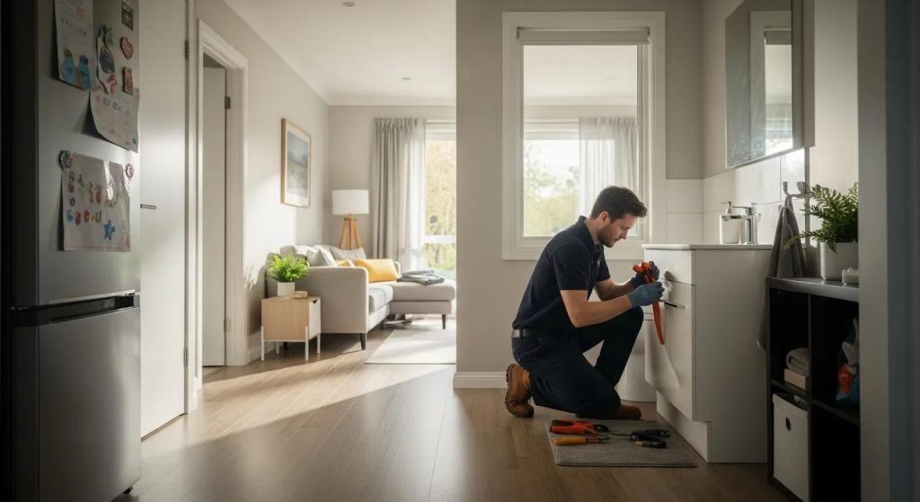 A cinematic, ultra-realistic wide-screen image of a professional plumber working inside a comfortable Kingsgrove family home. Soft afternoon light streams through a large living-area window, casting gentle shadows across neatly kept timber floors. The plumber is crouched near a bathroom vanity, carefully tightening fittings with precision tools. Subtle details—children’s artwork on the fridge, a tidy hallway, warm neutral tones—create an authentic domestic atmosphere. The scene conveys trust, reliability, and the everyday importance of quality home plumbing.