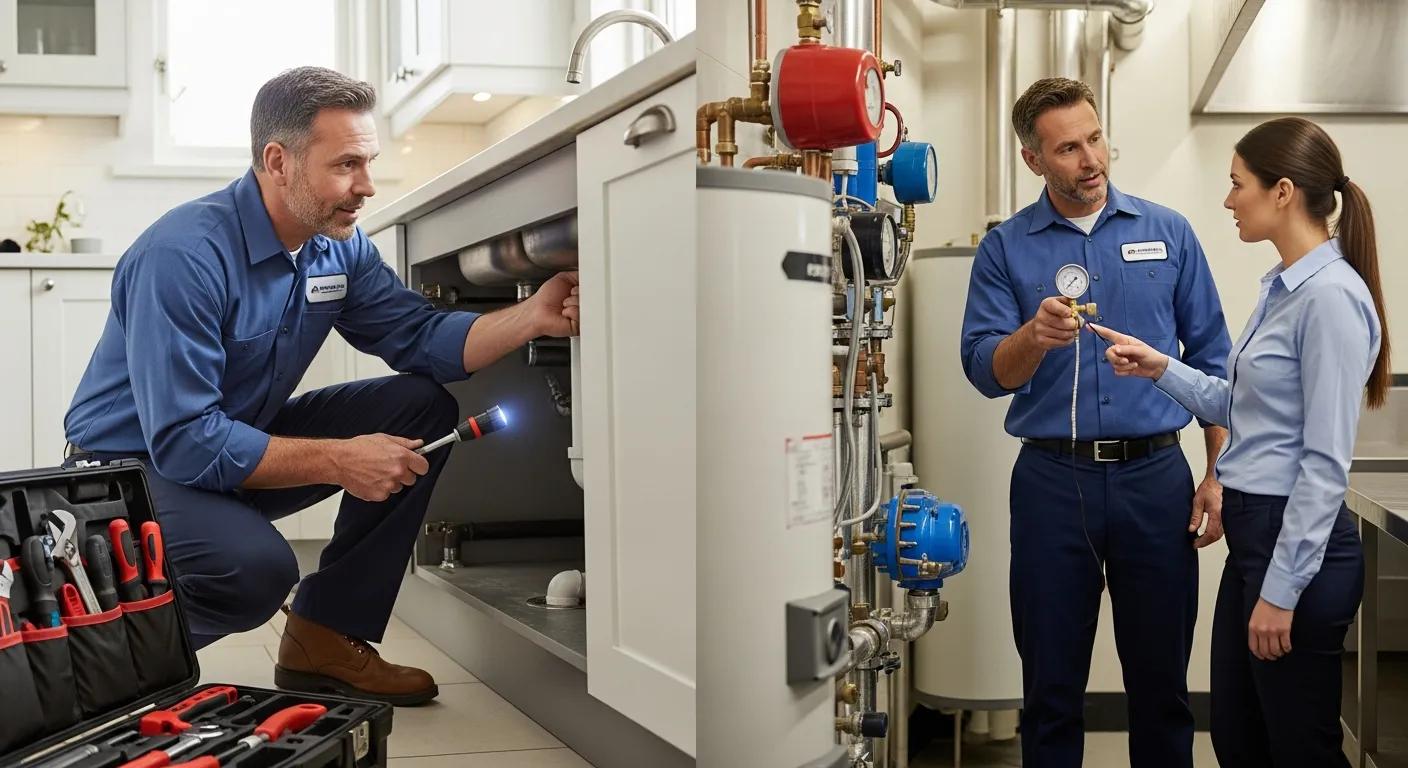 Licensed plumber inspecting plumbing systems in residential and commercial settings, showcasing diverse repair services