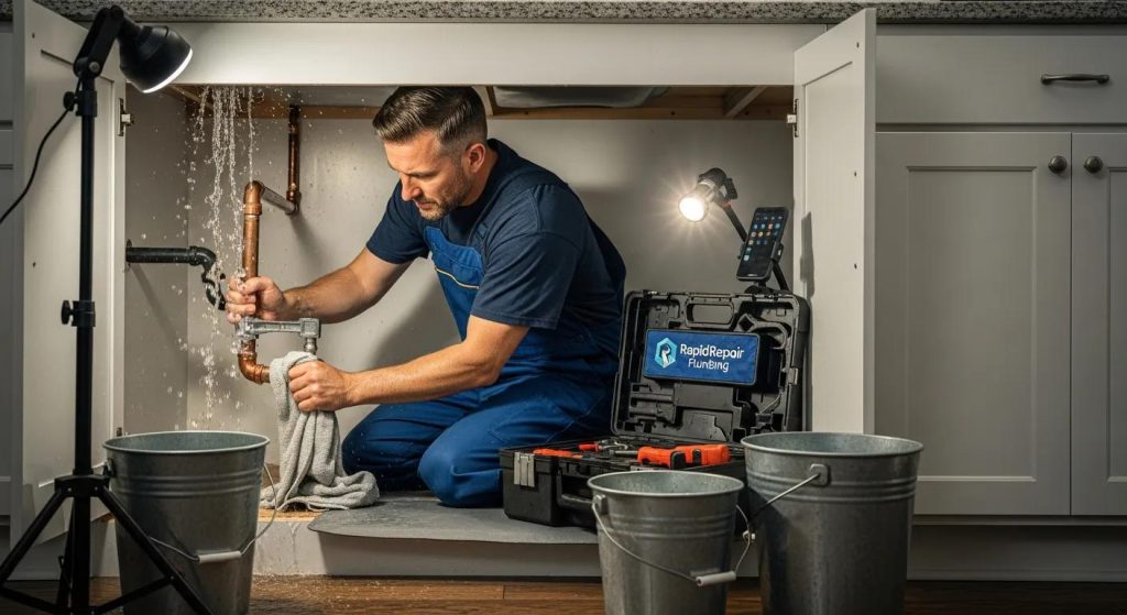 Professional plumber fixing a burst pipe in a residential home, showcasing emergency plumbing services