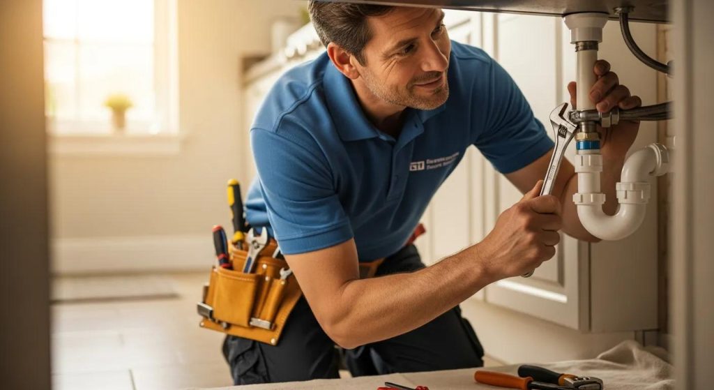 Professional plumber fixing a pipe in a residential setting, showcasing expertise and trust